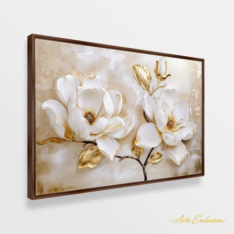 Quadro Luxo Floral Magnólias Douradas e Branco