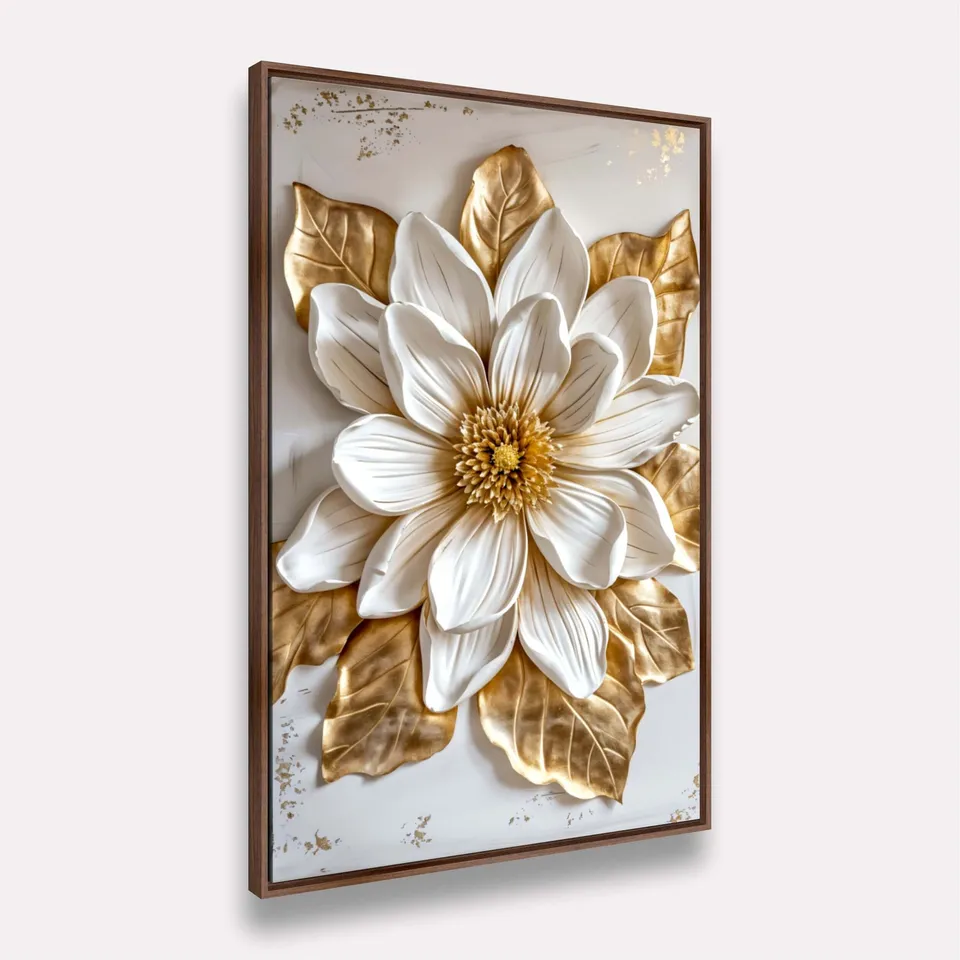 Quadro Magnólia Luxo Real Toque Dourado e Branco - Arte Exclusiva