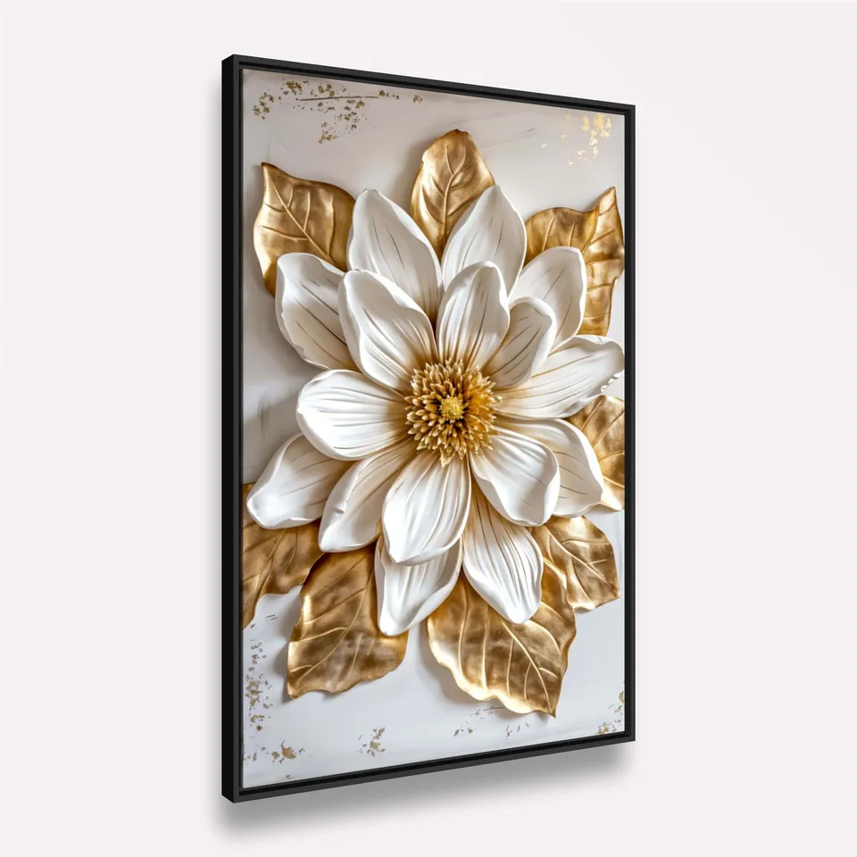 Quadro Magnólia Luxo Real Toque Dourado e Branco - Arte Exclusiva