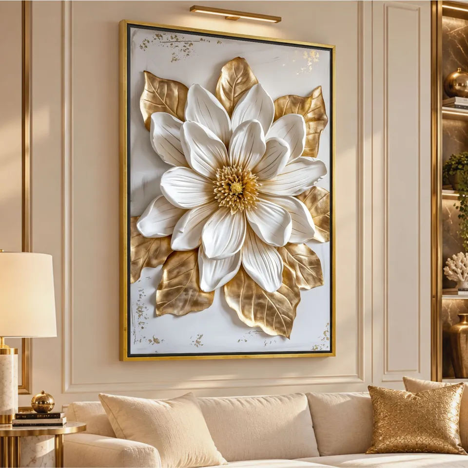 Quadro Magnólia Luxo Real Toque Dourado e Branco