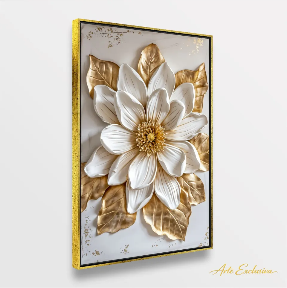 Quadro Magnólia Luxo Real Toque Dourado e Branco