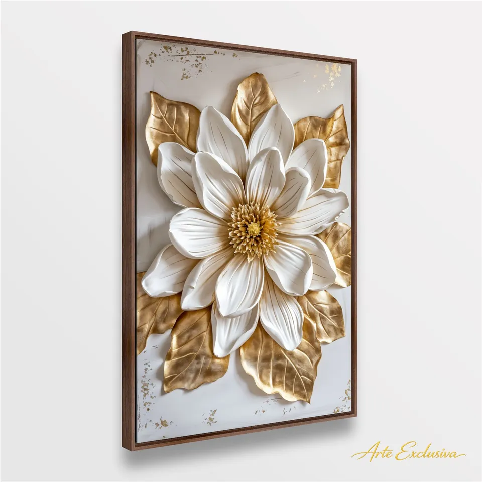Quadro Magnólia Luxo Real Toque Dourado e Branco