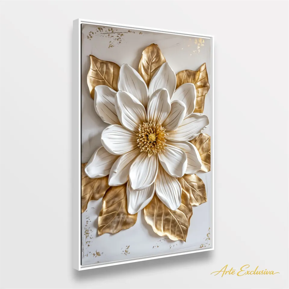Quadro Magnólia Luxo Real Toque Dourado e Branco