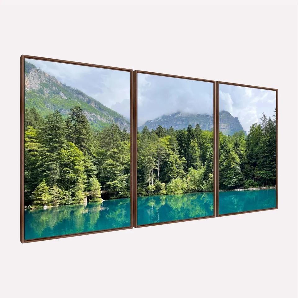 Quadro Paisagem Lago de Blausse Suíça Árvores e Montanhas - Arte Exclusiva Quadro Paisagem Lago de Blausse Suíça Árvores e Montanhas - Arte Exclusiva