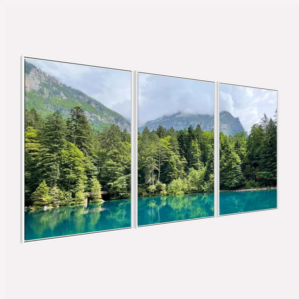 Quadro Paisagem Lago de Blausse Suíça Árvores e Montanhas - Arte Exclusiva Quadro Paisagem Lago de Blausse Suíça Árvores e Montanhas - Arte Exclusiva