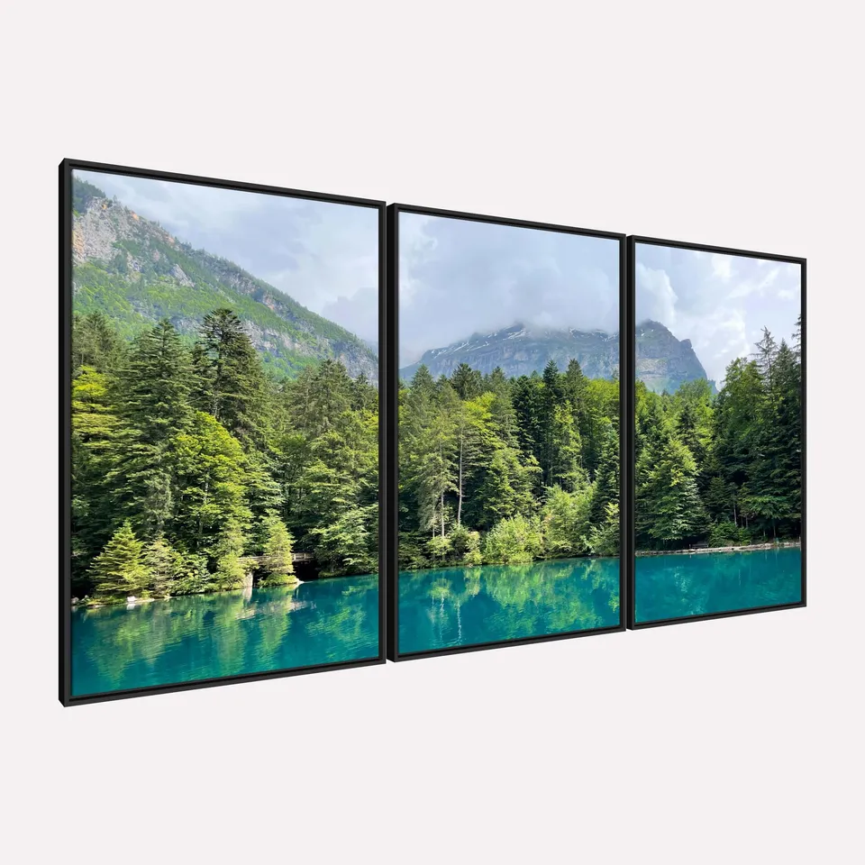 Quadro Paisagem Lago de Blausse Suíça Árvores e Montanhas - Arte Exclusiva Quadro Paisagem Lago de Blausse Suíça Árvores e Montanhas - Arte Exclusiva