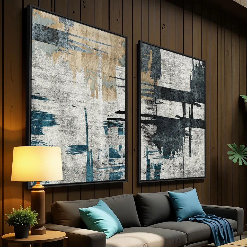 Quadro Duo Abstrato Texturas Modernas e Linhas Industriais