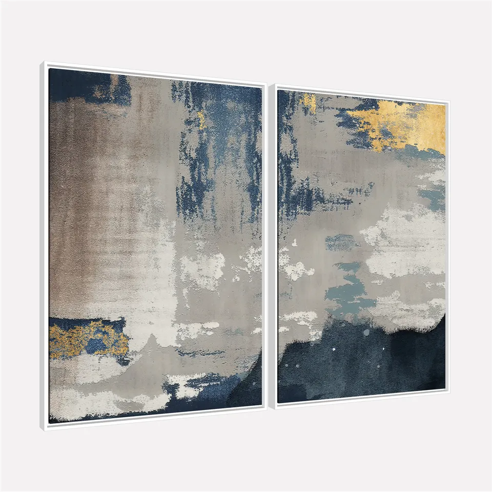 Quadro Duo Abstrato Arte Moderna Azul e Cinza Toque Metálico