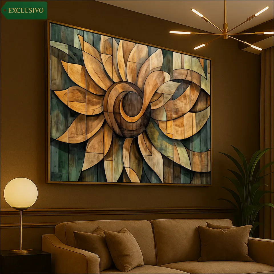 Quadro Abstrato Mandala de Girassol Ancestral Wood effect - Arte Exclusiva