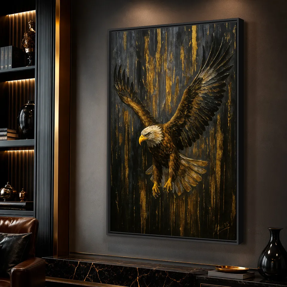 Quadro Águia em Ascensão Reinado Dourado Força e Liberdade