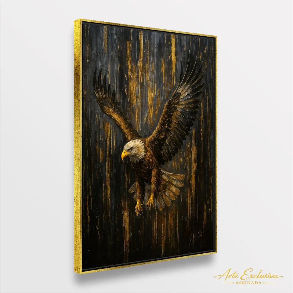 Quadro Águia em Ascensão Reinado Dourado Força e Liberdade