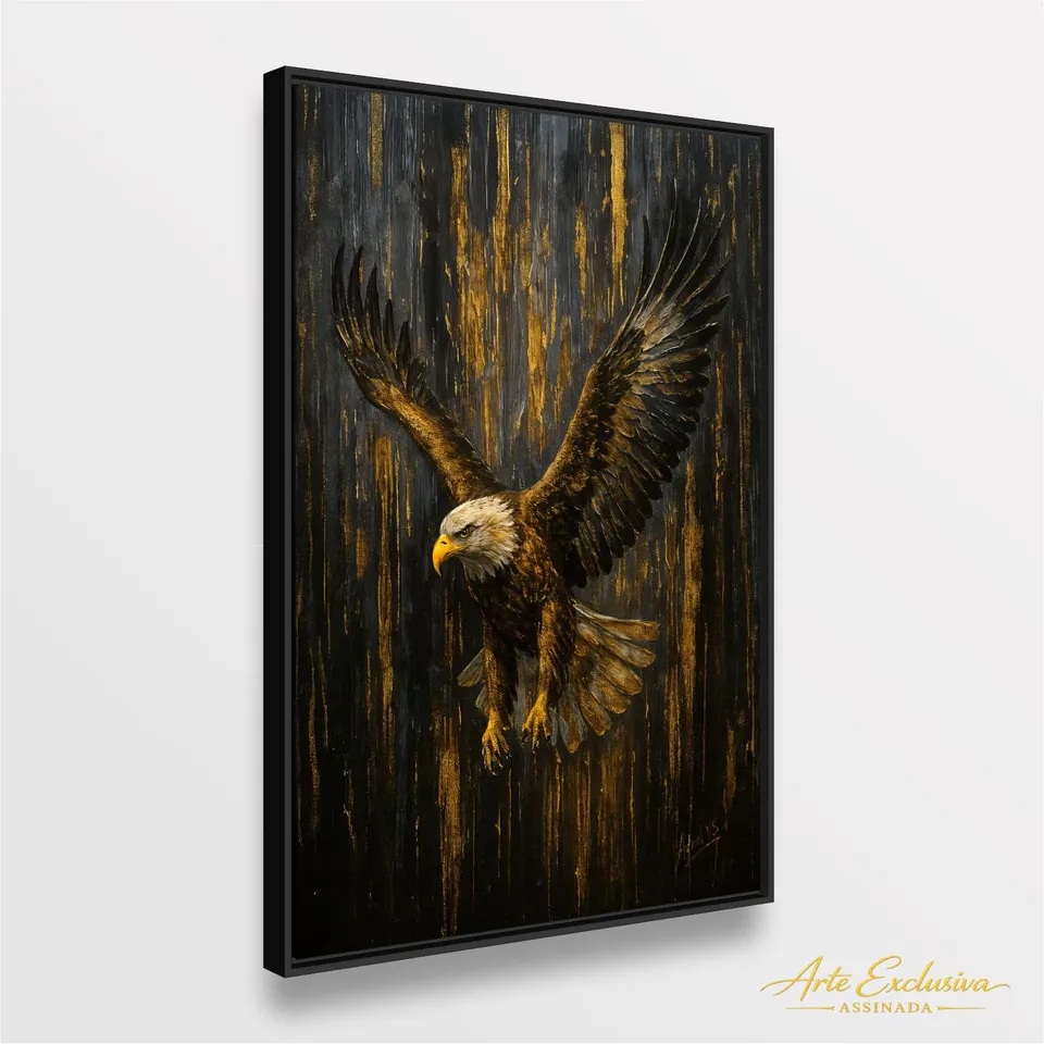 Quadro Águia em Ascensão Reinado Dourado Força e Liberdade