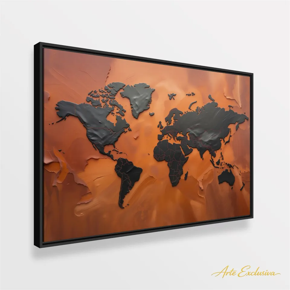 Quadro Mapa Mundi Terracota Vibrante E Grafite Metálico