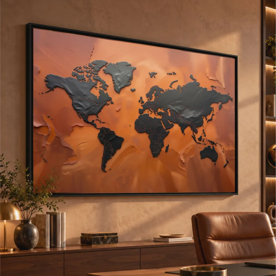 Quadro Mapa Mundi Terracota Vibrante E Grafite Metálico