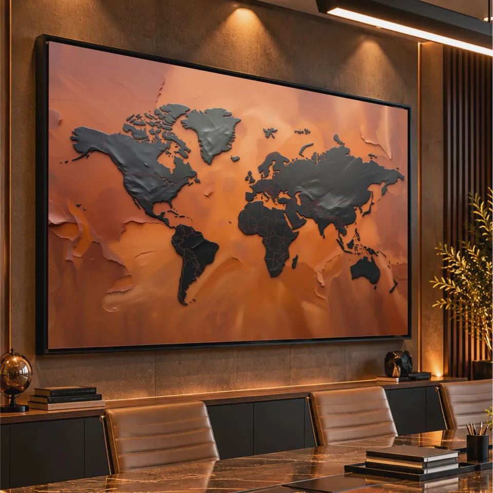 Quadro Mapa Mundi Terracota Vibrante E Grafite Metálico