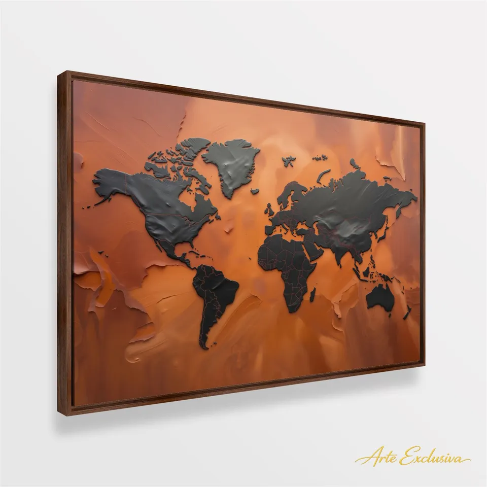 Quadro Mapa Mundi Terracota Vibrante E Grafite Metálico