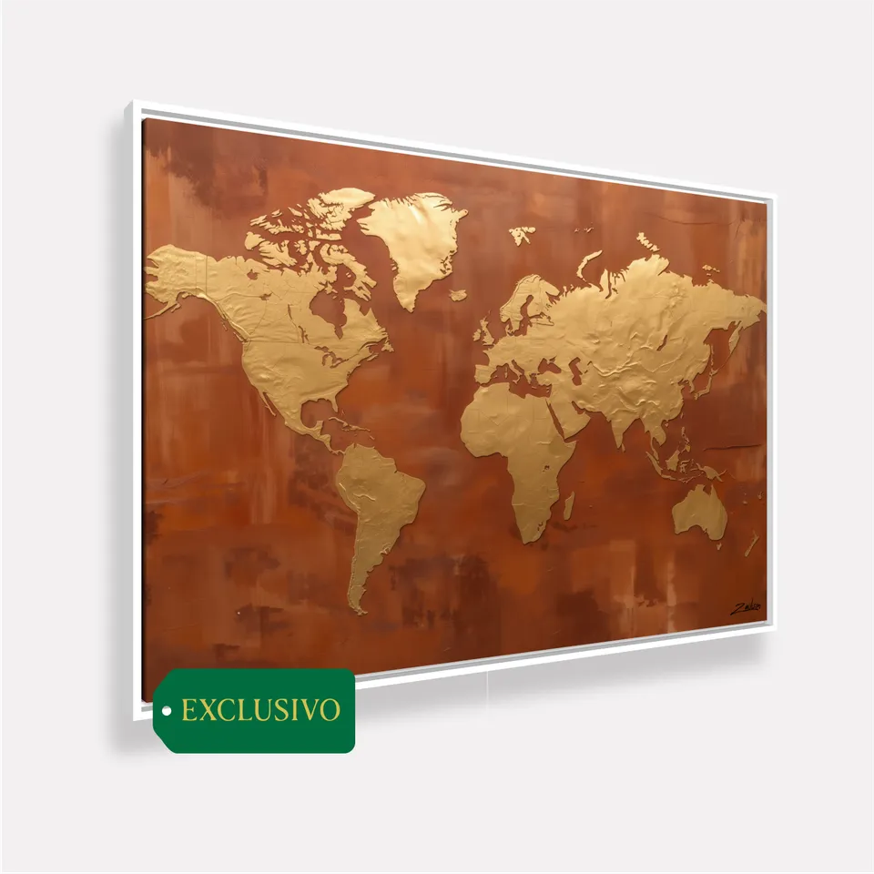 Quadro Mapa Mundi Dourado Sobre Terracota