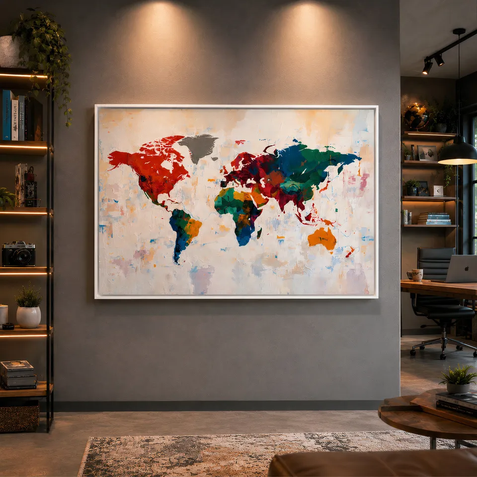 Quadro Mapa Mundi Contemporâneo Colorido - Arte Exclusiva