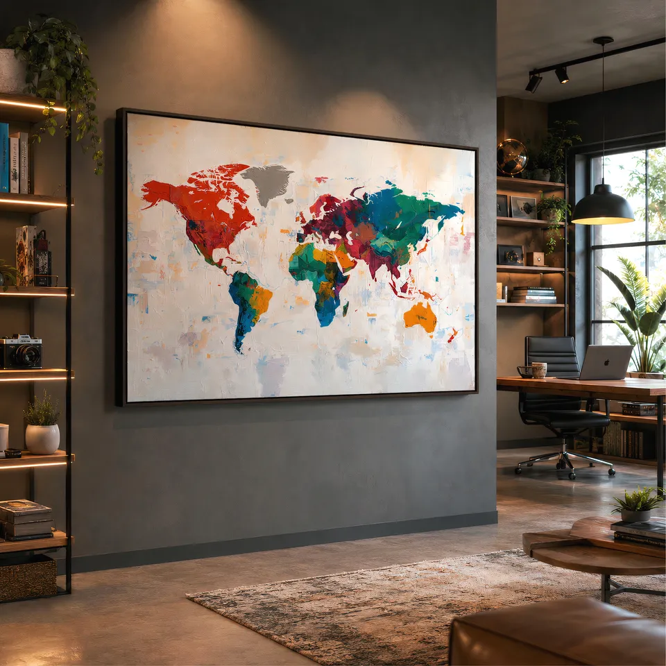 Quadro Mapa Mundi Contemporâneo Colorido - Arte Exclusiva
