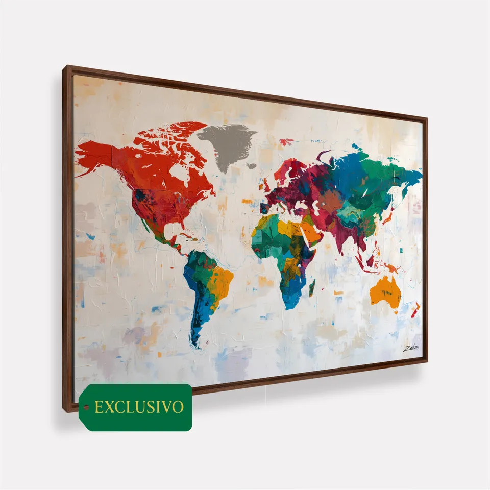 Quadro Mapa Mundi Contemporâneo Colorido - Arte Exclusiva