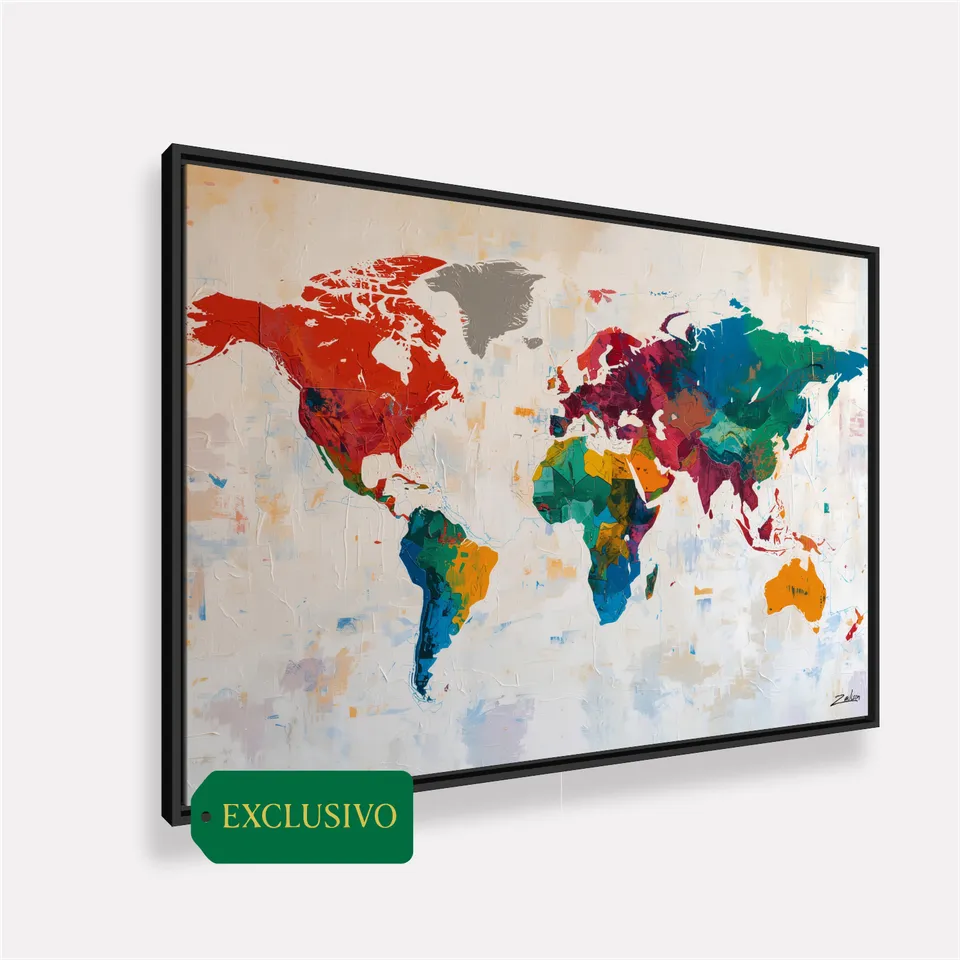 Quadro Mapa Mundi Contemporâneo Colorido - Arte Exclusiva
