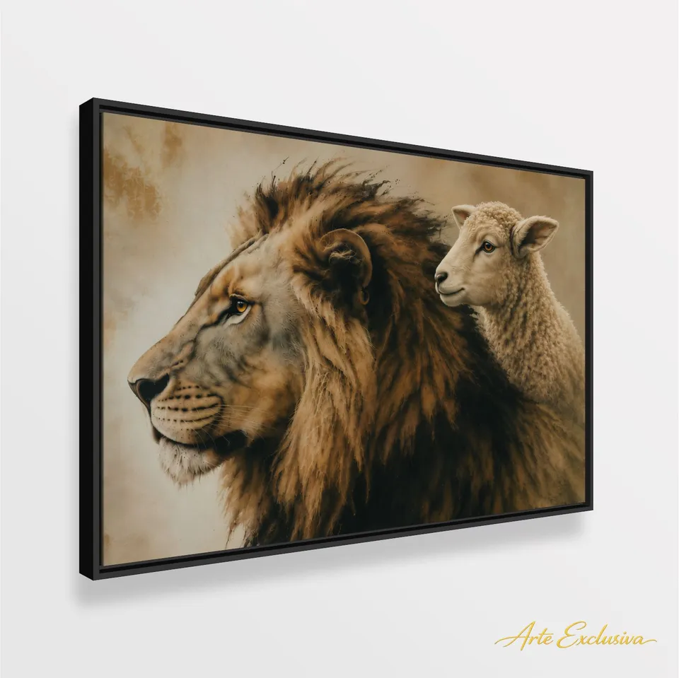 Quadro Leão e o Cordeiro a Força e a Mansidão Efeito Vintage