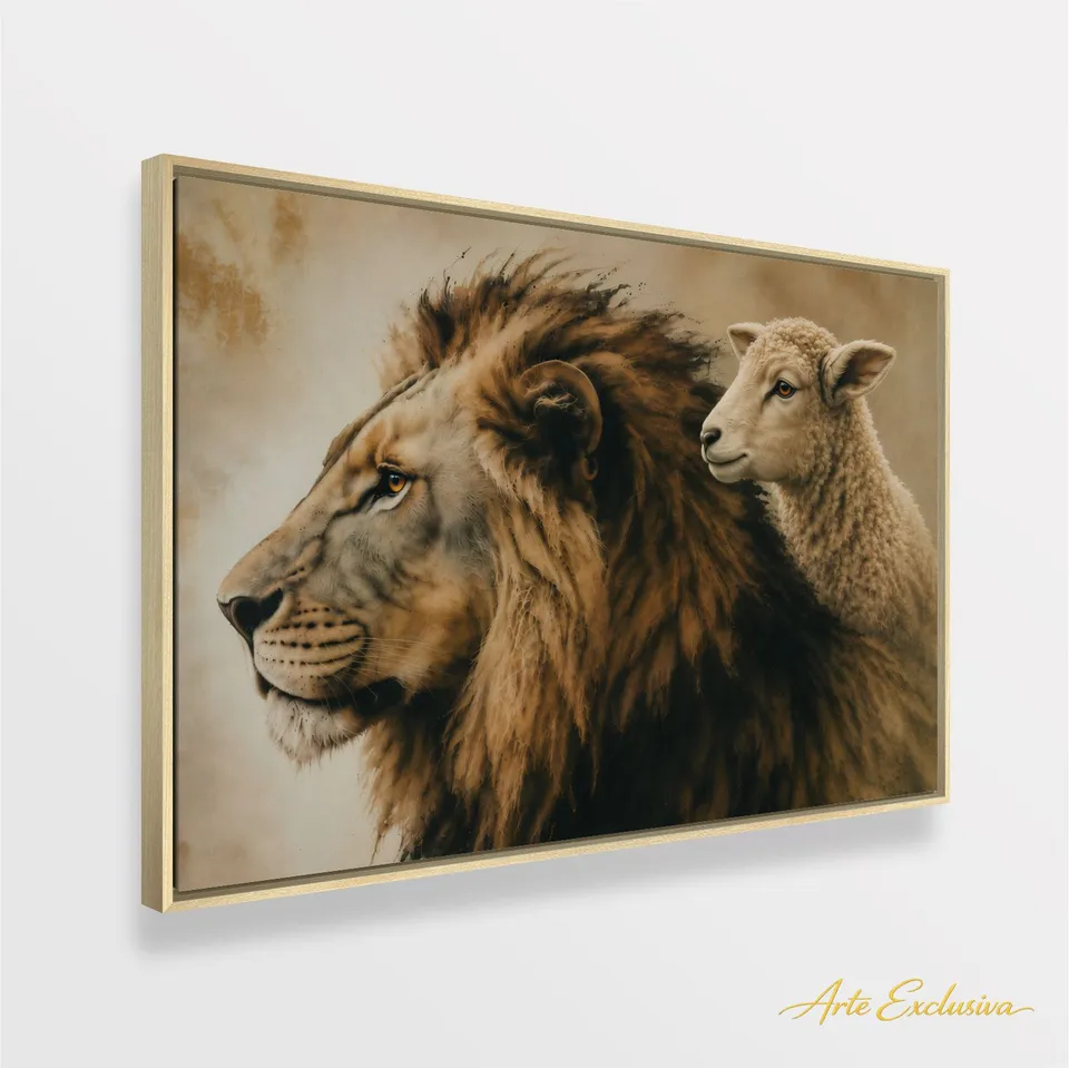 Quadro Leão e o Cordeiro a Força e a Mansidão Efeito Vintage