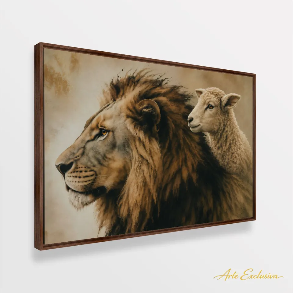 Quadro Leão e o Cordeiro a Força e a Mansidão Efeito Vintage