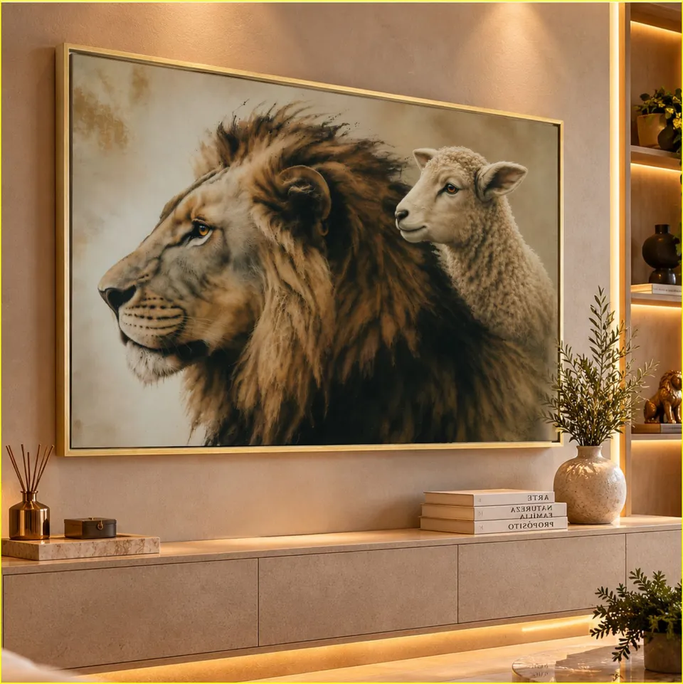 Quadro Leão e o Cordeiro a Força e a Mansidão Efeito Vintage