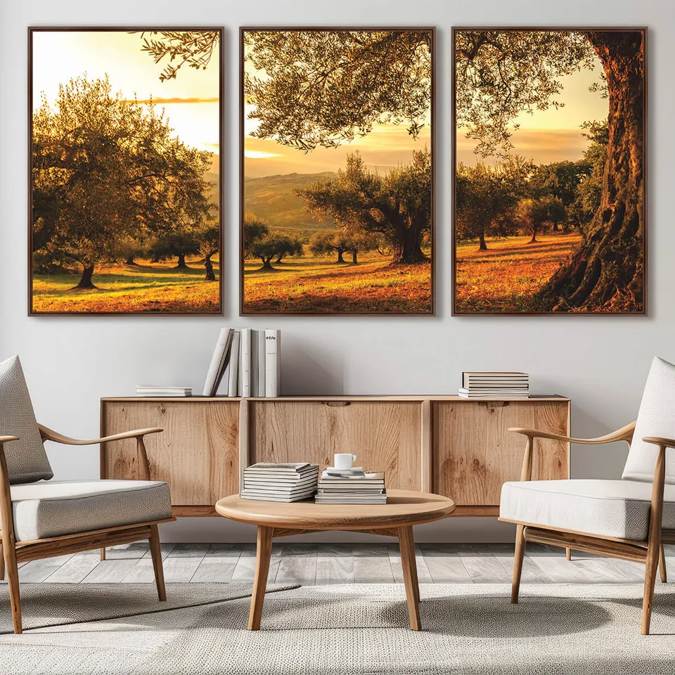 Quadro Decorativo Paisagem Oliveiras no Campo ao Entardecer