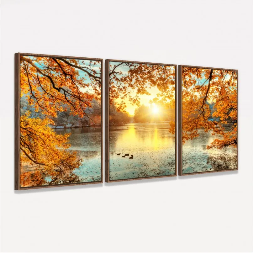 Quadro Paisagem Decorativo Entardecer Árvores e Lago