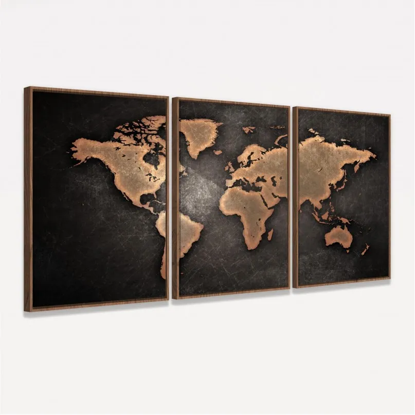 Quadro Mapa Mundi Efeito Vintage Mosaico 3 Peças