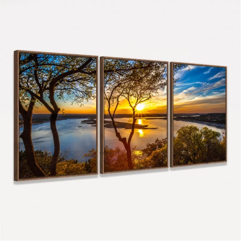 Quadro decorativo Paisagem Entardecer no Lago 3 Peças