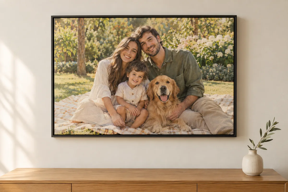 Quadro personalizado com retrato pintado de família e cachorro na parede da sala de jantar