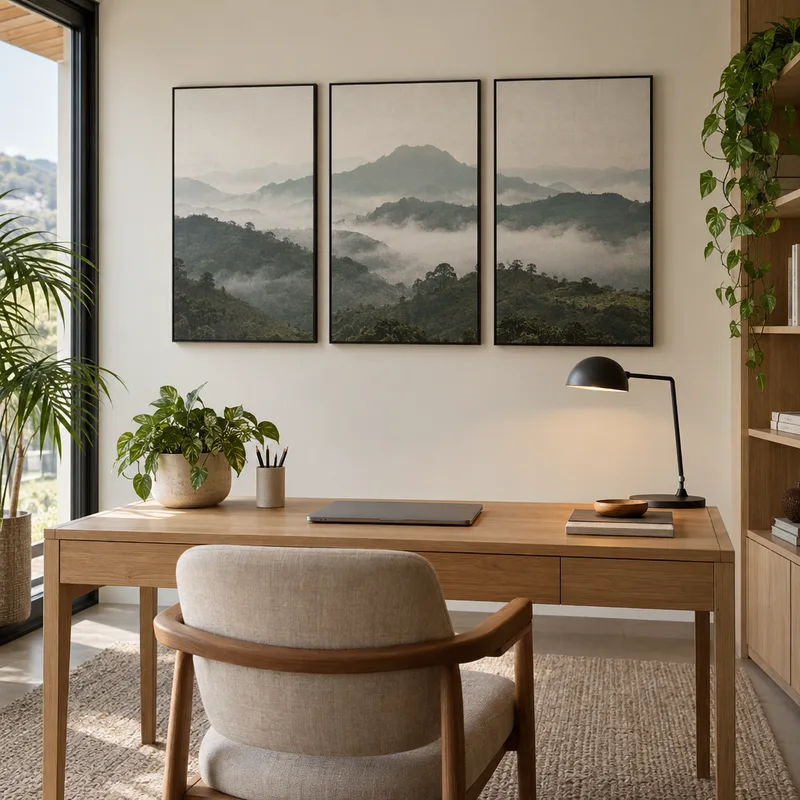 Trio de quadros personalizados com paisagem de montanhas no home office