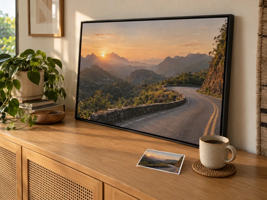 Foto de viagem impressa ao lado do quadro personalizado feito a partir dela