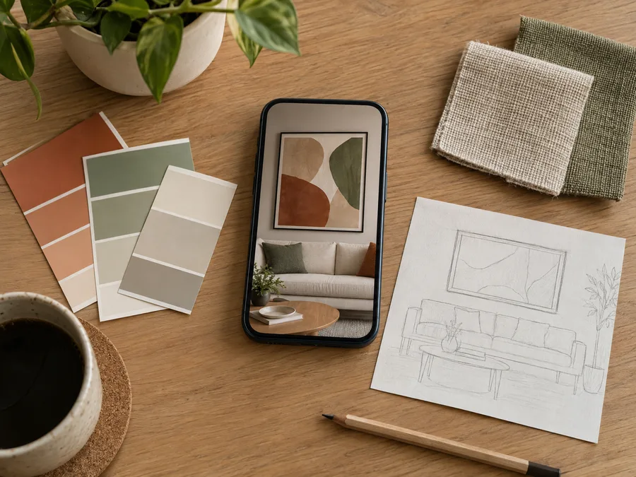 Celular com referência de arte abstrata, amostras de cor e esboço do quadro