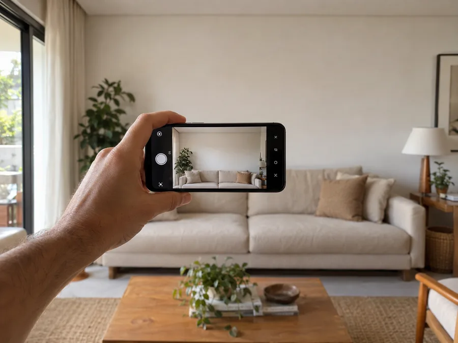 Pessoa fotografando com o celular a parede da sala onde vai o quadro